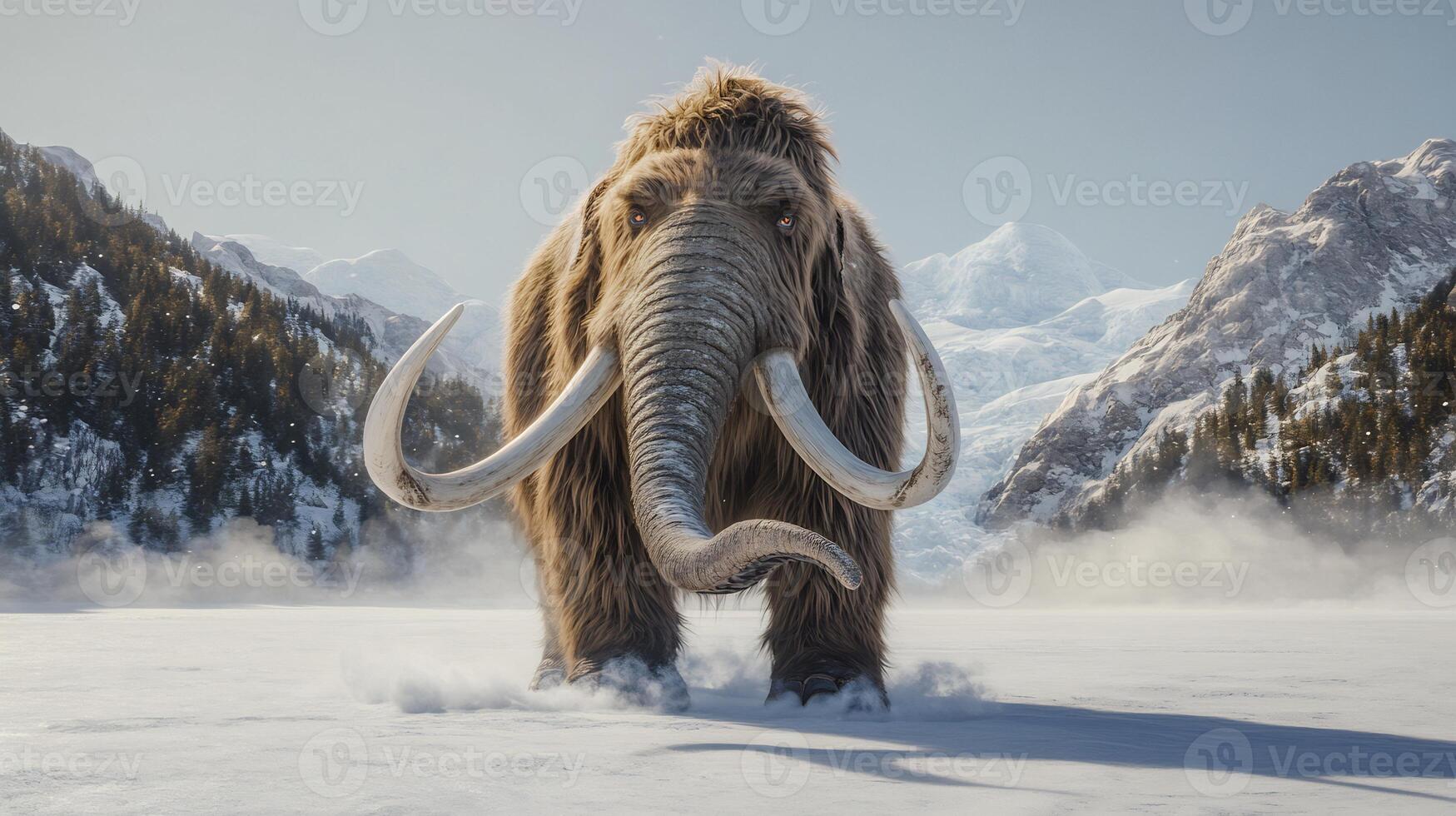 Woolly mammoth standing majestically snow covered plain during Ice Age thick fur blowing harsh wind as distant glaciers shimmer under pale sunlight captured with a telephoto lens for dramatic focus photo