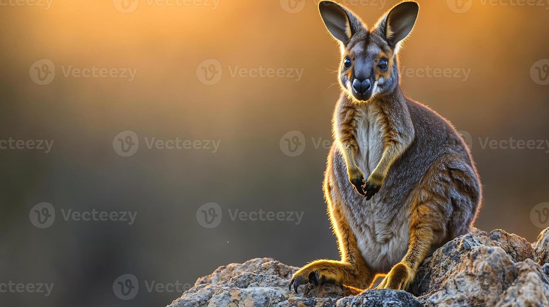 Yellow footed rock wallaby perched a rocky cliff in the Australian outback its colorful markings glowing under the soft light of sunrise captured with a telephoto lens for dynamic depth photo