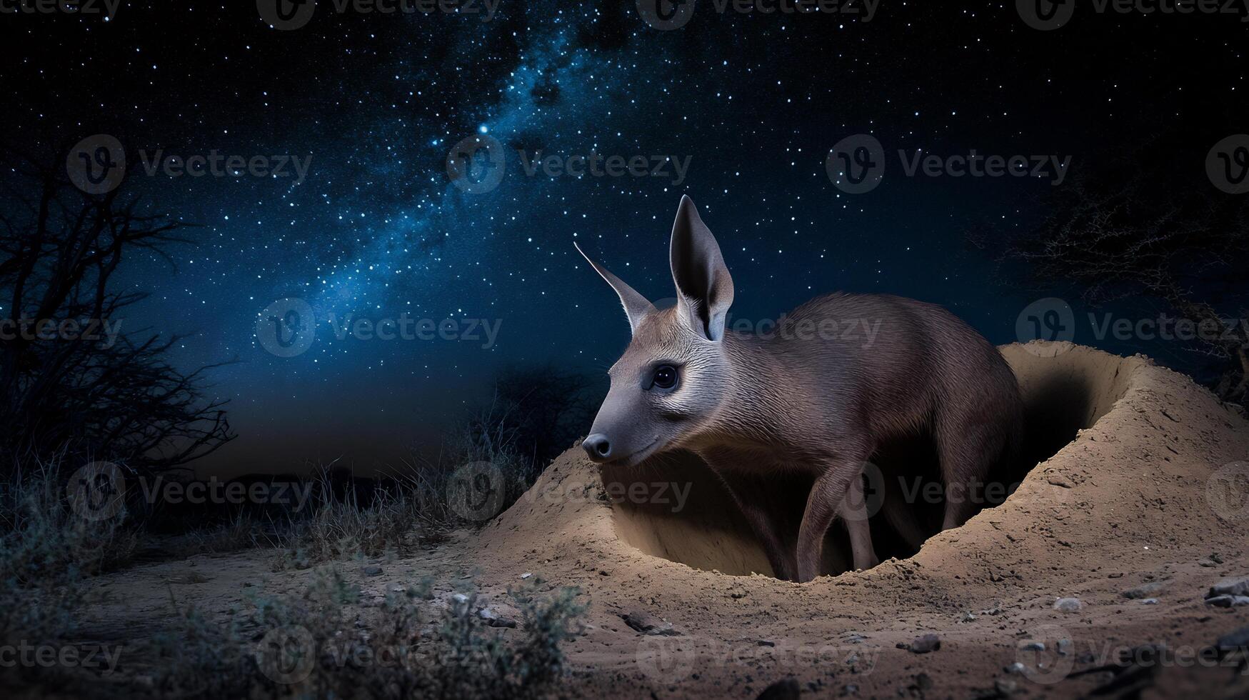 Aardvark cautiously emerging its burrow under a starry sky illuminated by soft moonlight and framed against the arid landscape captured with long exposure for enhanced nocturnal detail photo