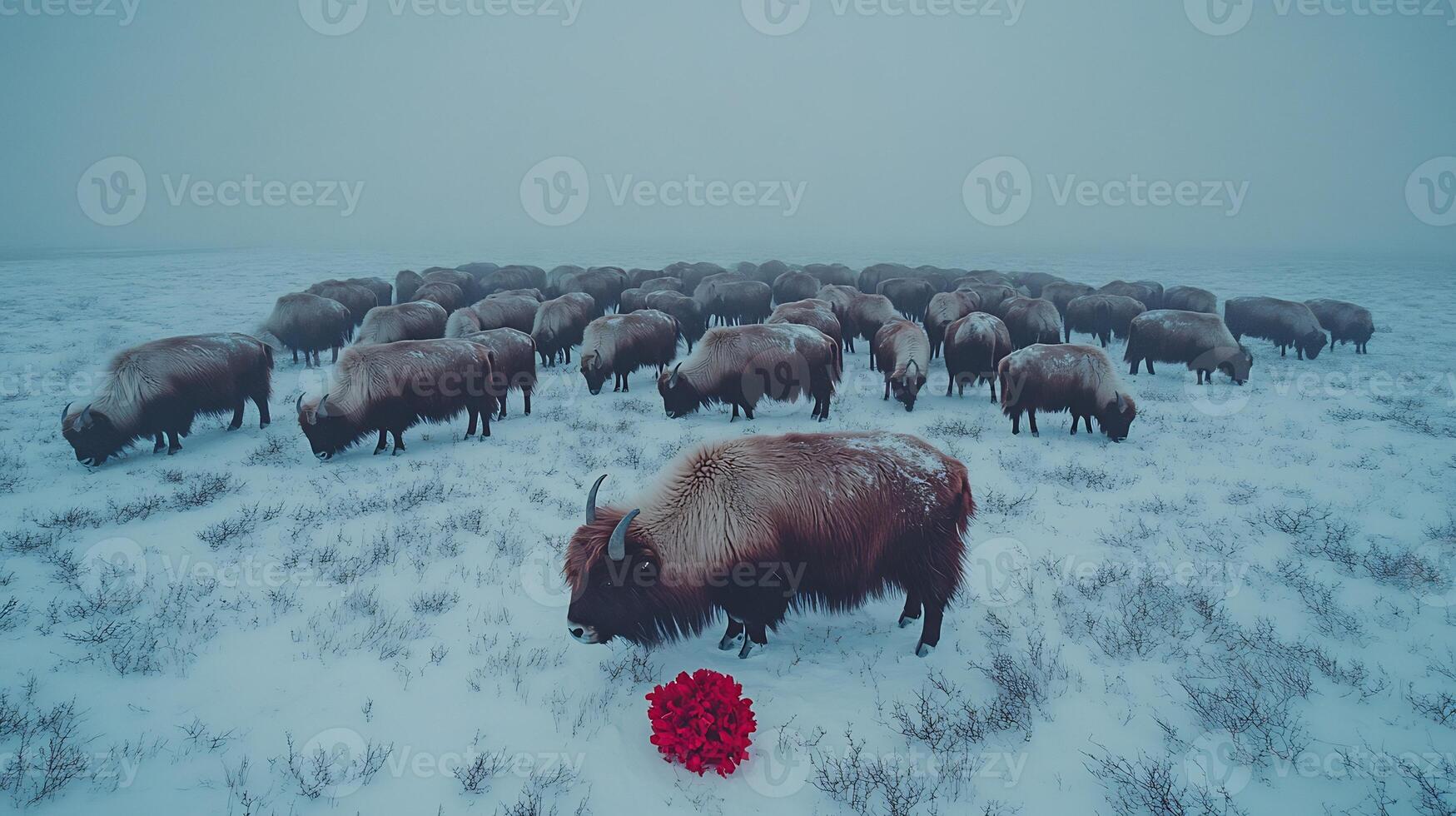 Aerial shot of musk ox herd grazing in a snow covered tundra their thick coats blending with the icy terrain captured with a drone camera under soft polar light for expansive depth photo