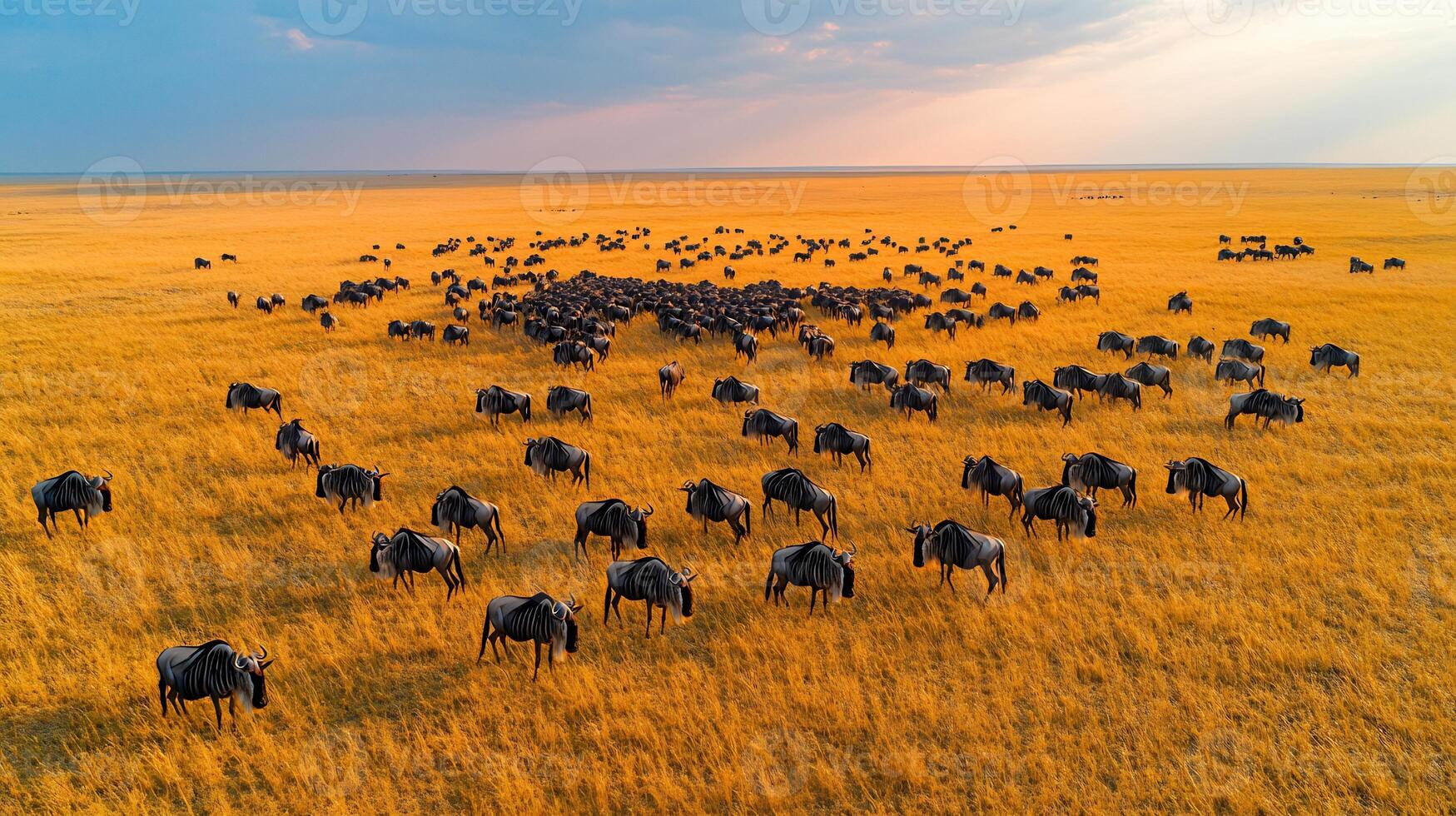 Aerial view of wildebeest herd scattered across vast savannah plains under soft morning sky their shadows forming intricate patterns golden grass captured with a drone camera for expansive detail photo