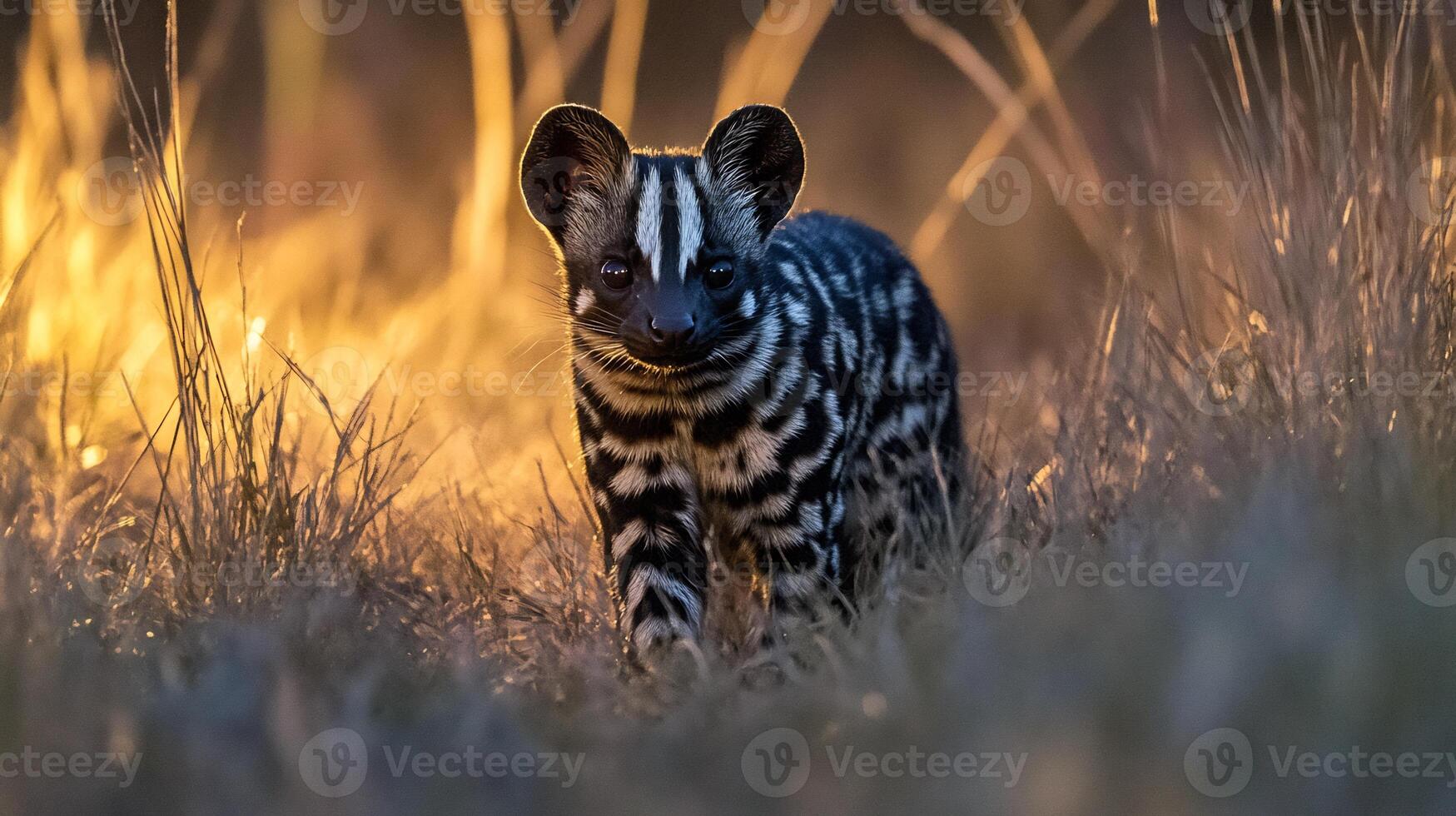 African civet stalking silently through tall grass dusk its distinct black and white patterns blending into the shadows captured with a low light telephoto lens for dramatic contrast photo