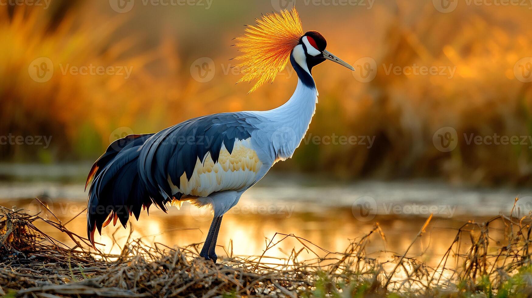 African crowned crane standing elegantly a wetland its golden crest glowing under the soft light of dawn captured with a telephoto lens for sharp subject isolation photo