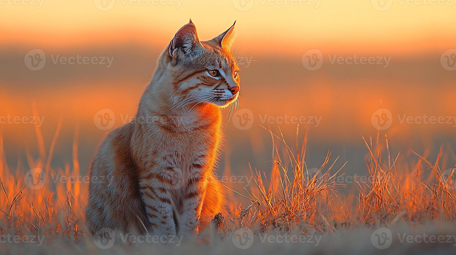 African wildcat sitting alert golden savannah grass at dusk its sleek coat glowing under the soft hues of sunset captured with a telephoto lens for an intimate wildlife portrait photo