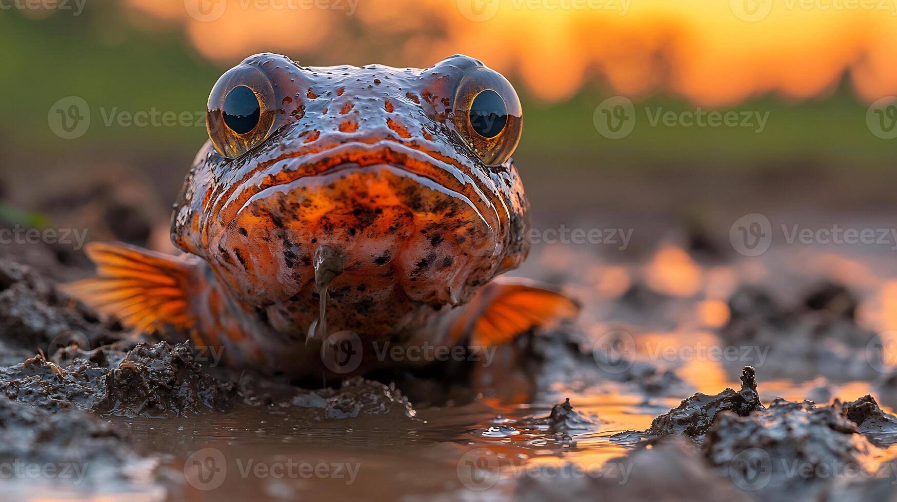 African lungfish emerging a muddy pool during the dry season its wet body catching the fading light of sunset captured with a macro lens for striking detail photo