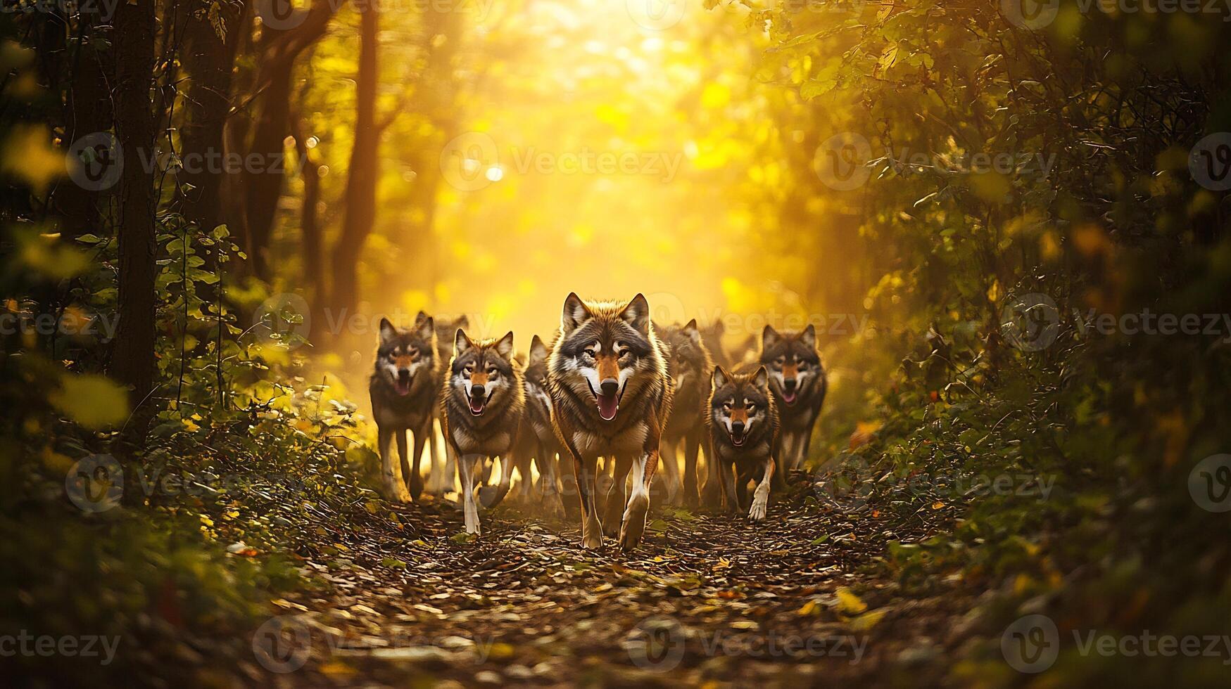 Alpha wolf leading pack through a dense forest with sunlight filtering through the trees captured with a telephoto lens to focus on the strength and dominance of the leader photo