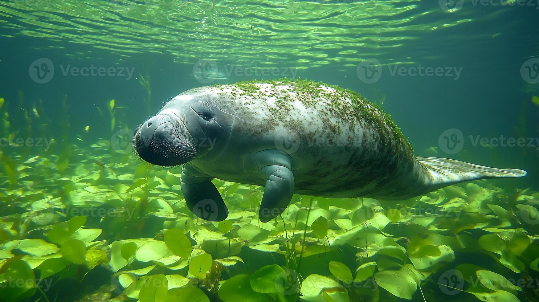 Amazonian manatee swimming lazily a quiet lagoon surrounded by floating vegetation its smooth body creating gentle ripples captured with an underwater wide angle lens for serene composition photo