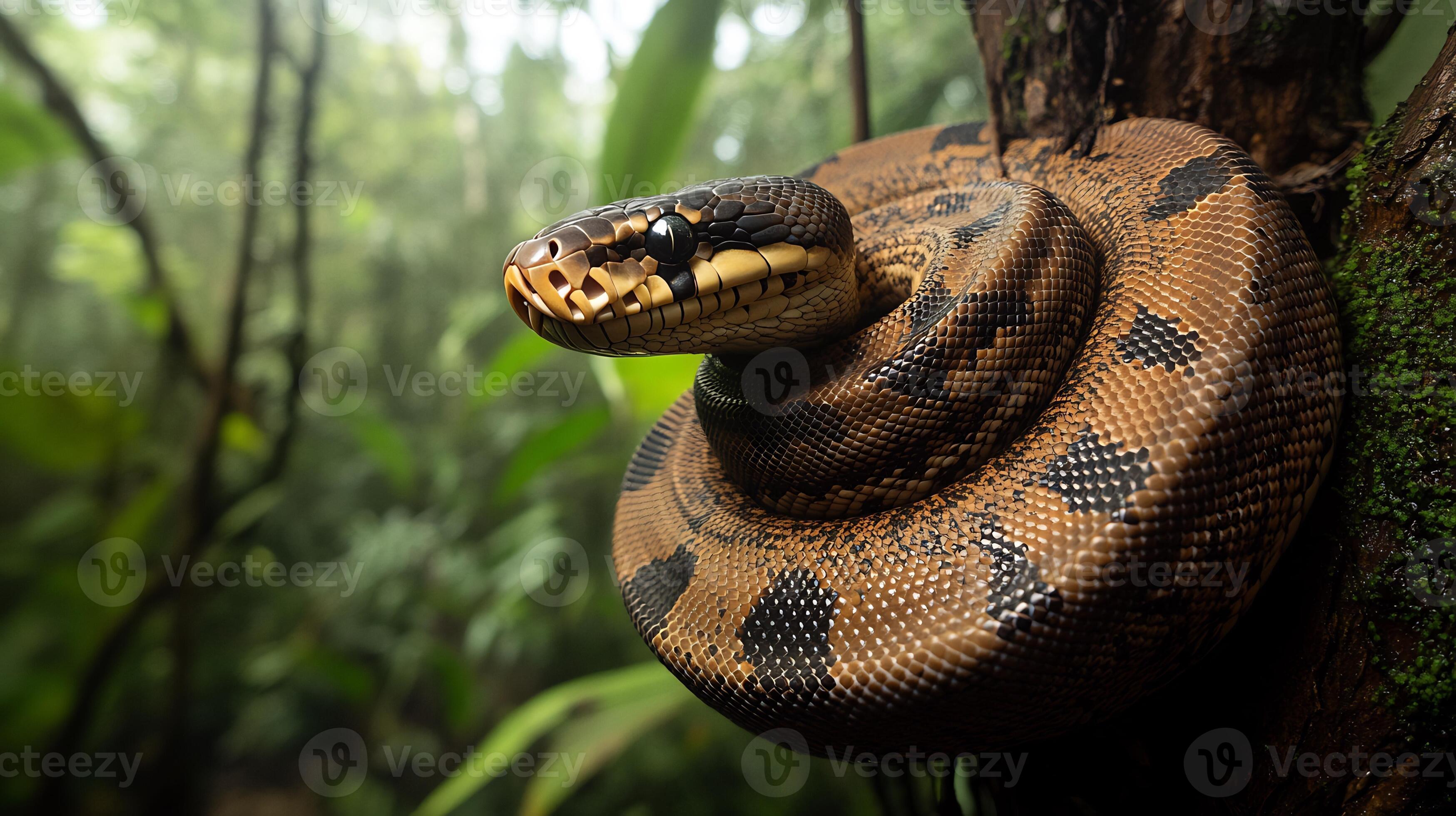 African rock python coiled tightly around tree branch in a dense jungle ...