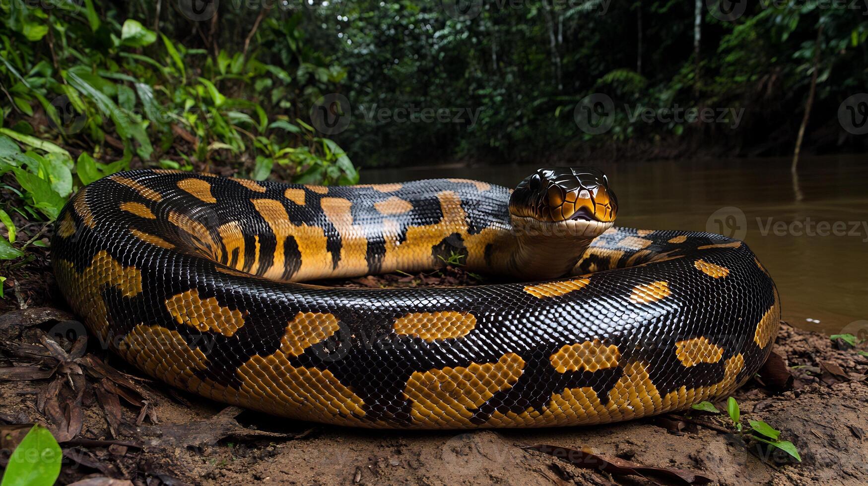 Anaconda coiled near edge of a riverbank in the dense Amazon rainforest its patterned scales shimmering under filtered sunlight captured with a low angle telephoto lens for dramatic tension photo