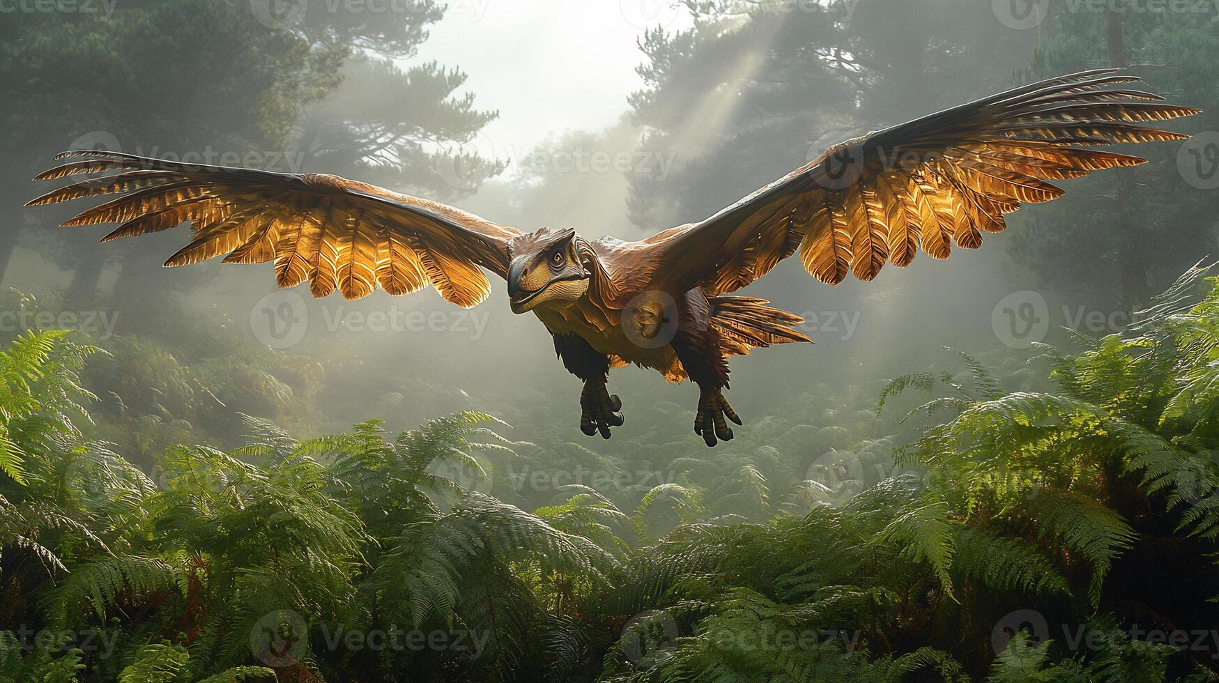 Archaeopteryx gliding between ancient ferns a misty Jurassic landscape its feathered wings glowing under diffused morning light captured with a telephoto lens for dynamic realism photo
