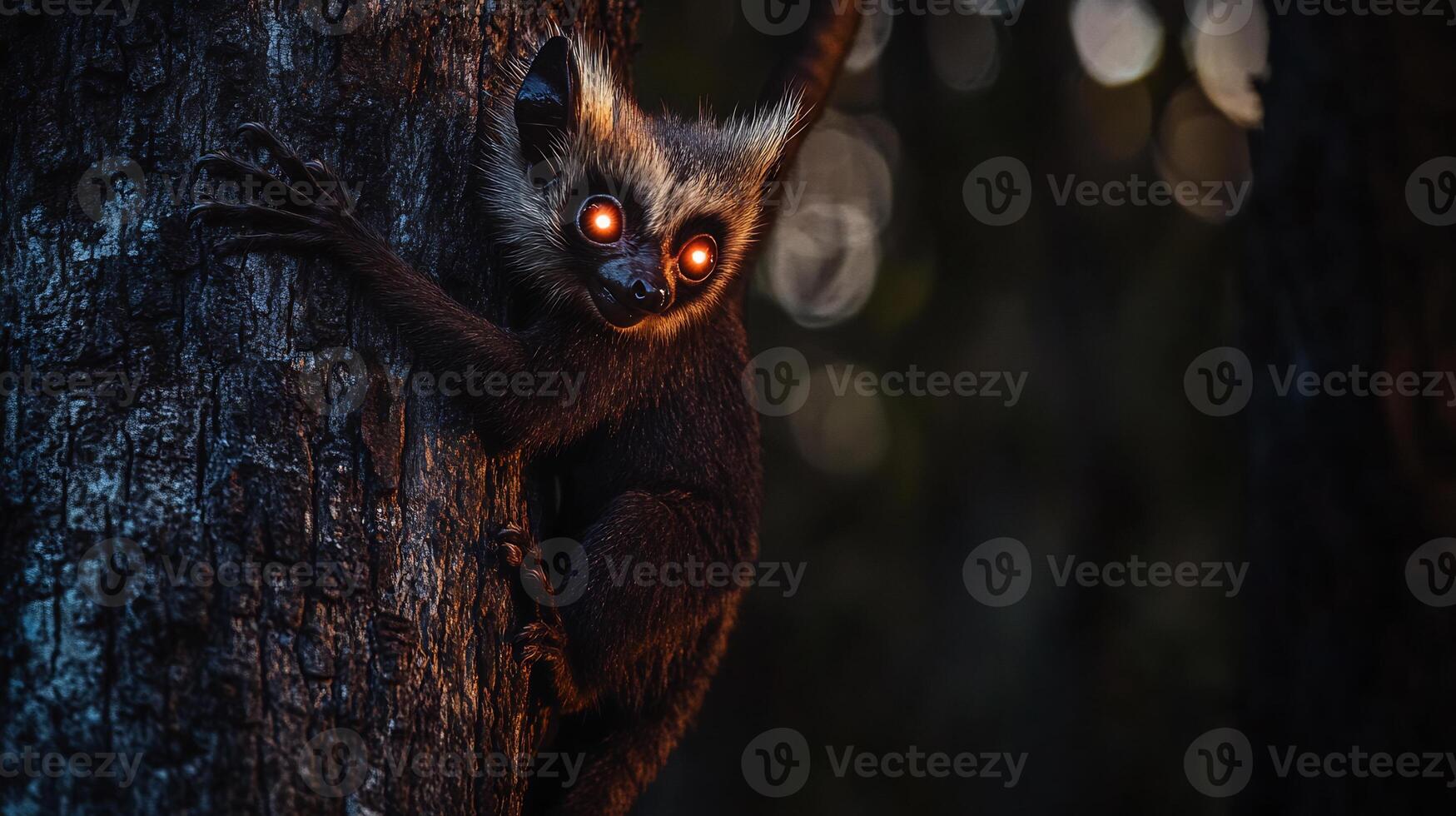 Aye aye climbing tree in Madagascar at twilight its large glowing eyes and elongated fingers standing out in the dim light captured with a low light telephoto lens for dramatic focus photo