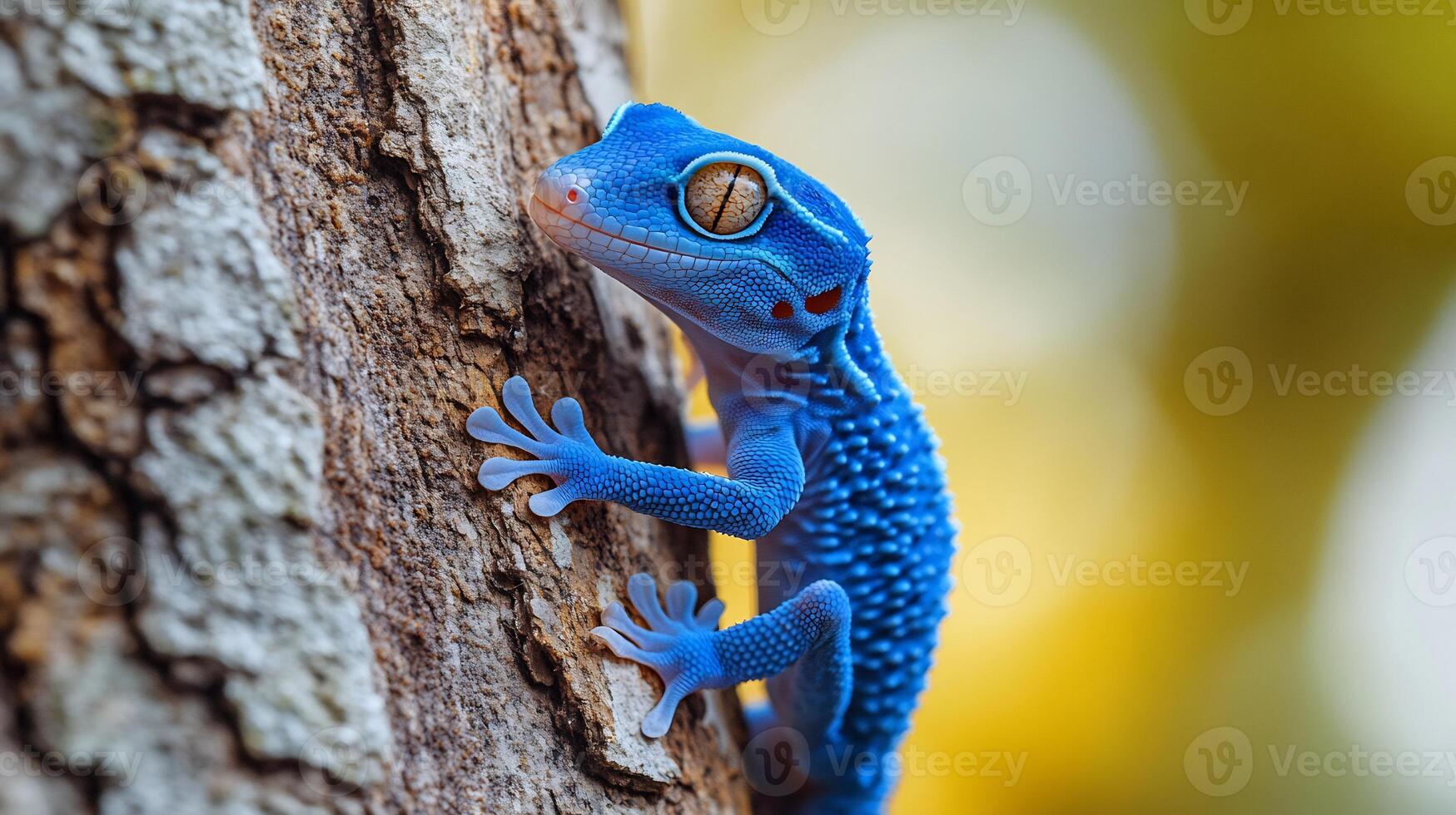 Electric blue gecko climbing textured tree trunk its vibrant coloration glowing under soft afternoon light captured with a macro lens for fine detail and vibrant contrast photo