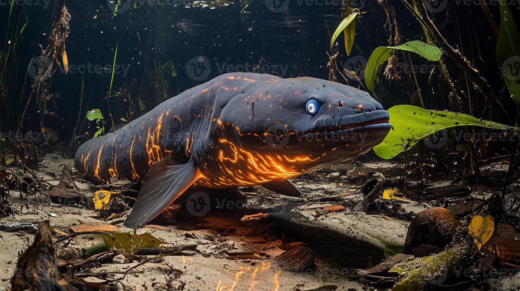 Electric eel hunting small fish murky South American river body glowing faintly electric discharges surrounded scattered debris vegetation captured with an underwater lens for a mysterious effect photo