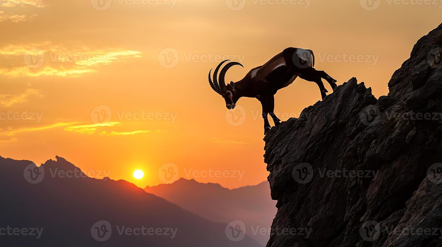 Ibex balancing effortlessly a steep rocky cliff high in the mountains its curved horns and rugged body silhouetted against a vivid sunset captured with a telephoto lens for dramatic contrast photo