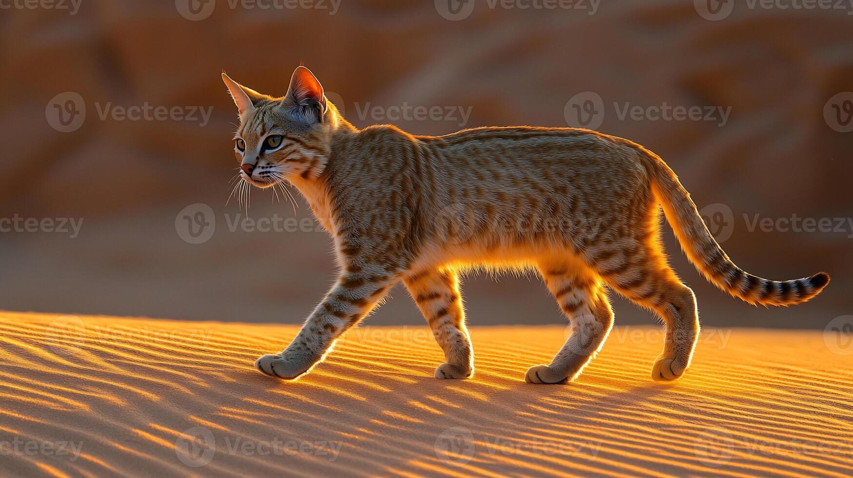 Indian desert cat walking gracefully across rippled sand dunes under warm glow of twilight its sleek coat blending with the golden landscape captured with a telephoto lens for natural focus photo