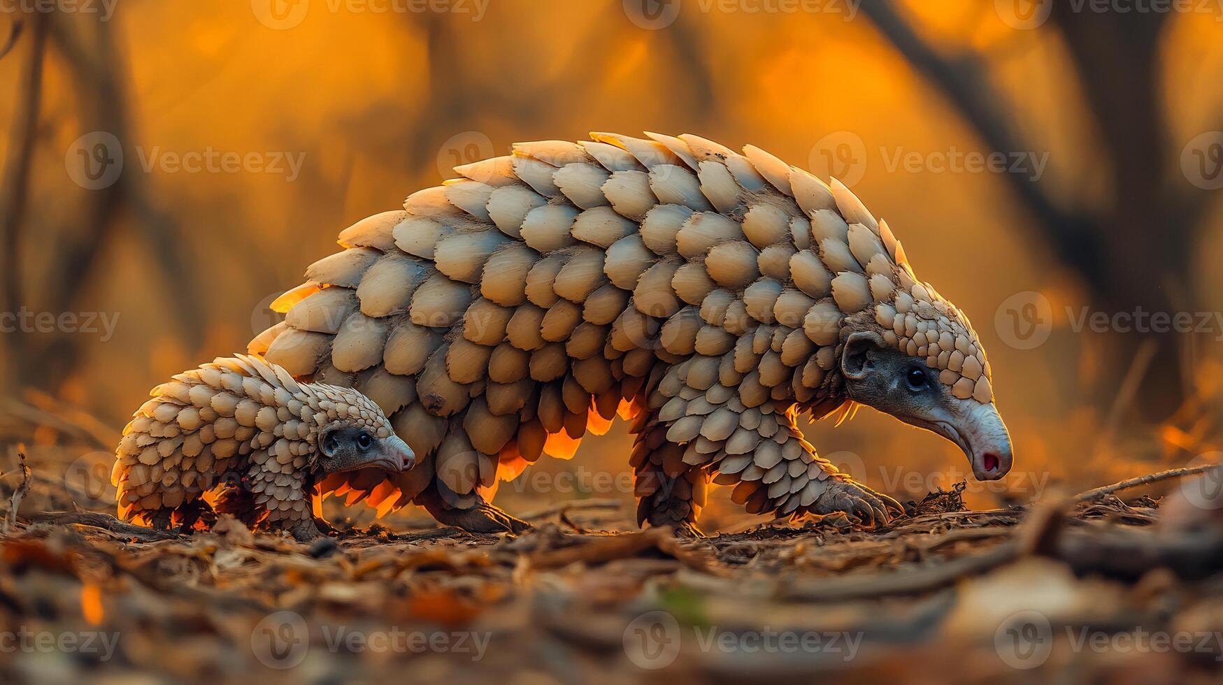 Indian pangolin walking through dry forest with its young clinging to its back their scales glowing faintly under golden hour light captured with a telephoto lens for tender wildlife detail photo