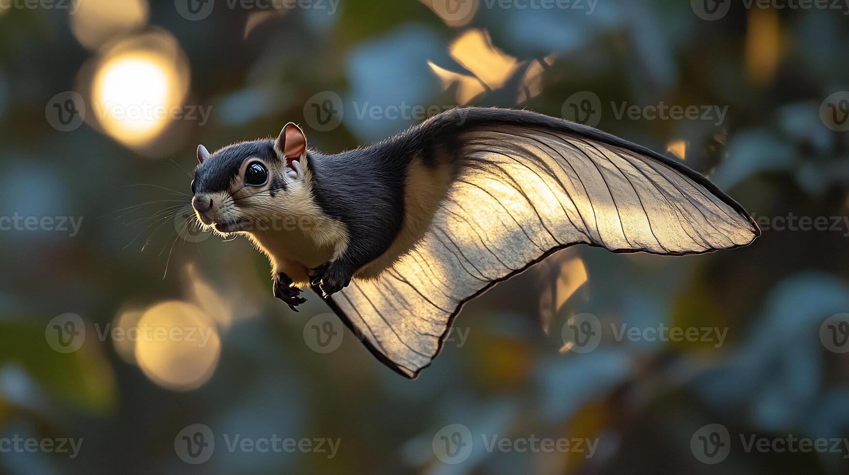 Indian giant flying squirrel gliding between tall trees under moonlight expansive membrane illuminated by silver light captured with a low light telephoto lens for nocturnal magic photo