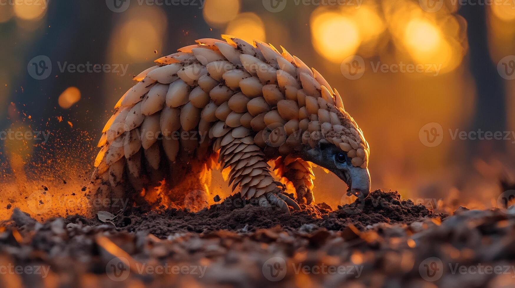 Indian pangolin digging into dry forest soil its powerful claws throwing dirt into the air under the golden glow of sunset captured with a telephoto lens for dynamic action photo
