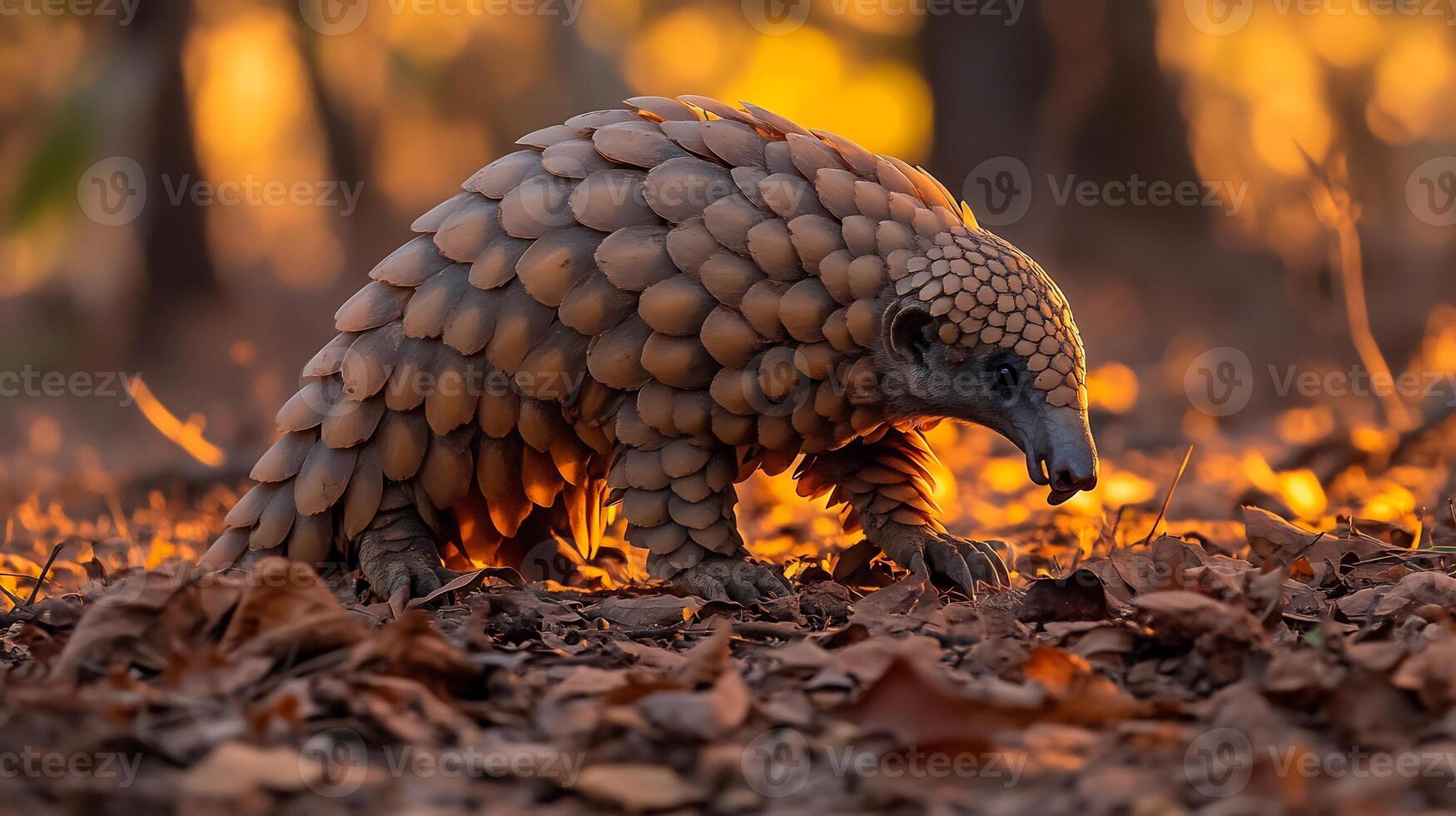 Indian pangolin foraging dusk a dry forest clearing its armored scales glistening under soft golden light surrounded by scattered leaves captured with a low angle telephoto lens for detailed focus photo