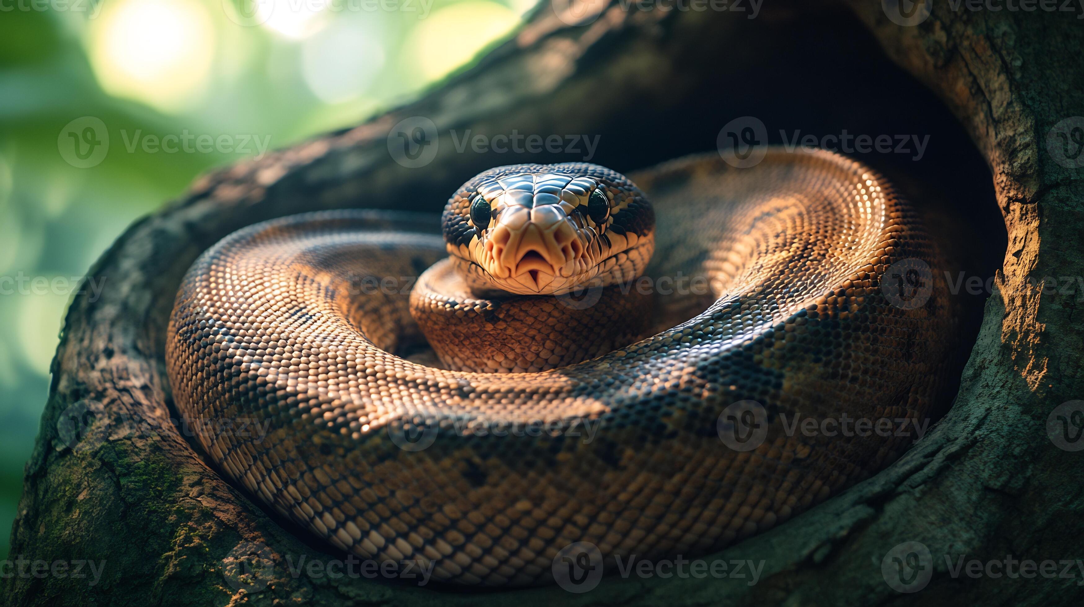 Indian rock python coiled inside tree hollow in a dense forest its ...