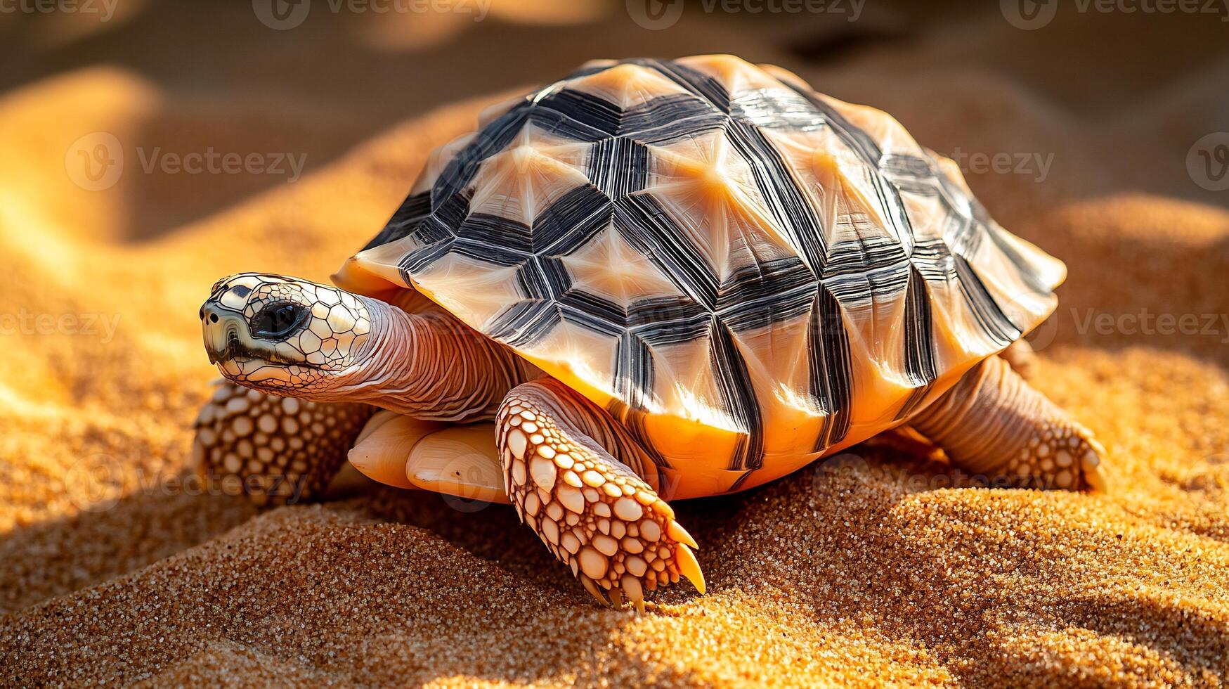 Indian star tortoise crawling across warm textured sand intricately patterned shell casting small shadows in the soft sunlight captured with a macro lens to emphasize detail photo