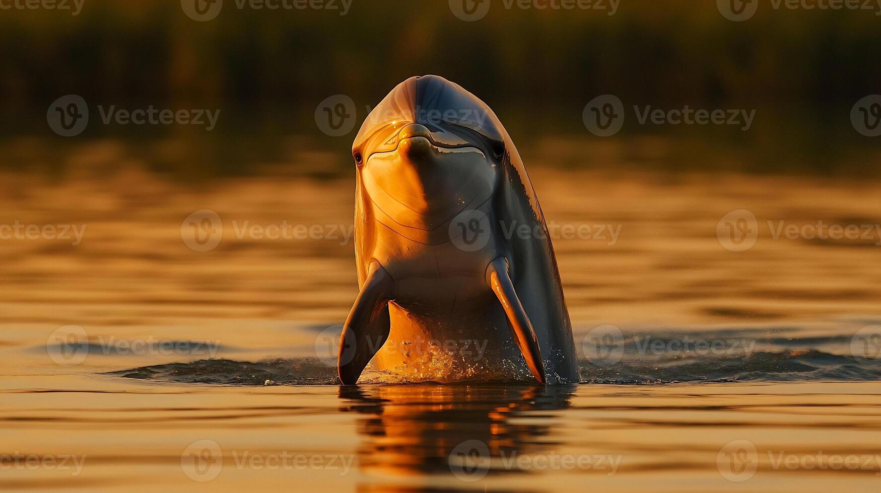 Irrawaddy dolphin surfacing a calm river its rounded head and sleek body catching the golden light of sunset captured with a telephoto lens for detailed close up clarity photo