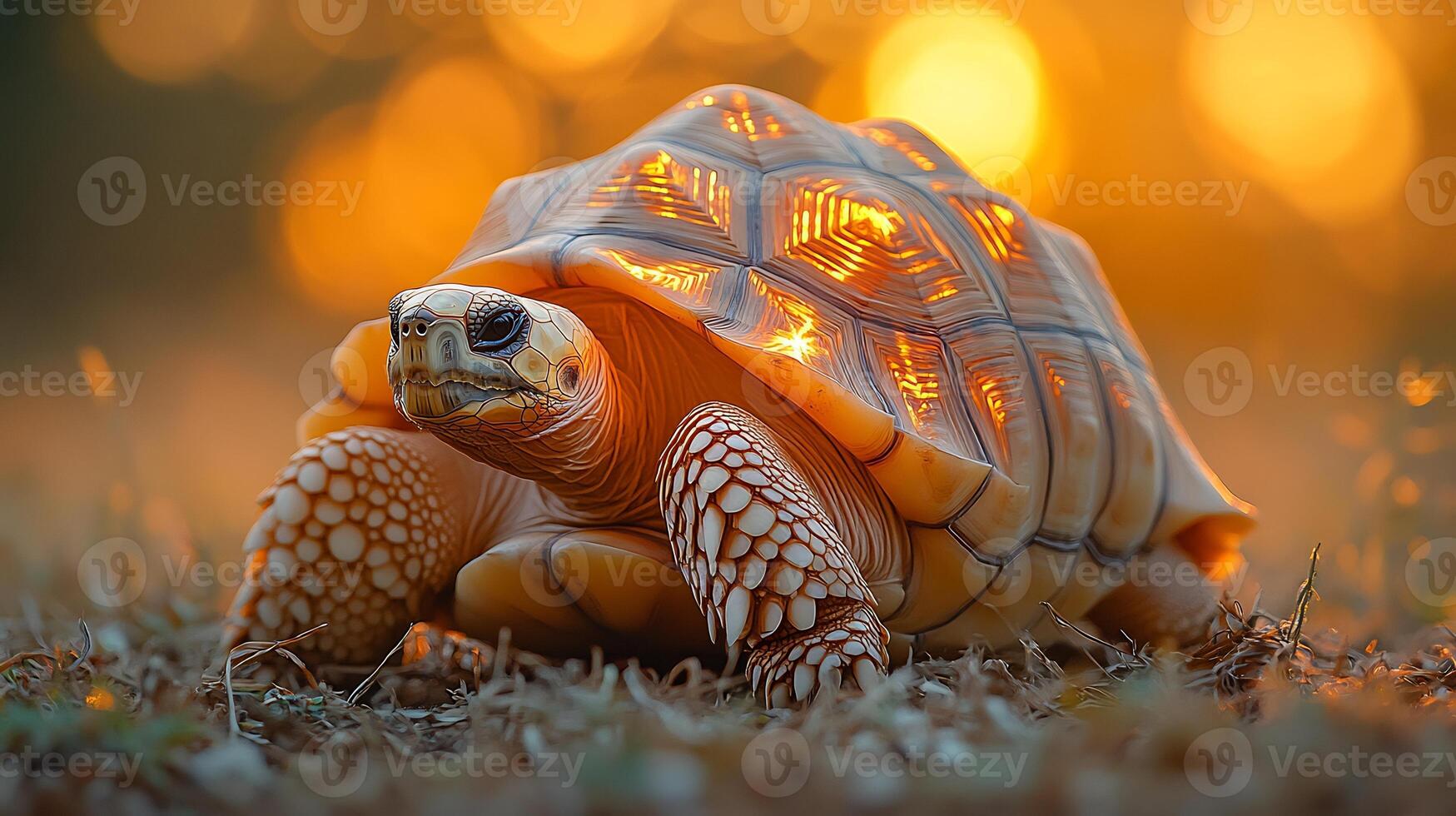 Indian star tortoise crawling slowly through sunlit meadow its intricately patterned shell catching the warm glow of early morning light captured with a macro lens for vivid close up detail photo