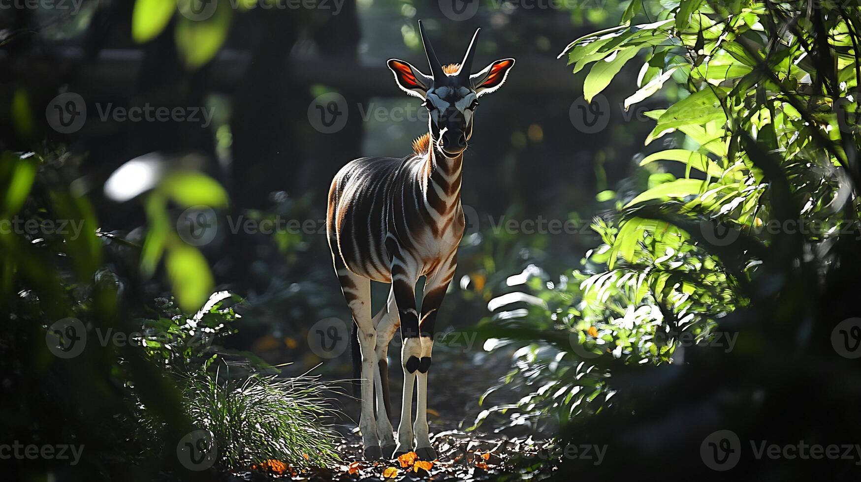 Okapi emerging cautiously dense jungle shadows its striped legs and smooth coat glowing under scattered sunlight captured with a telephoto lens for serene focus photo