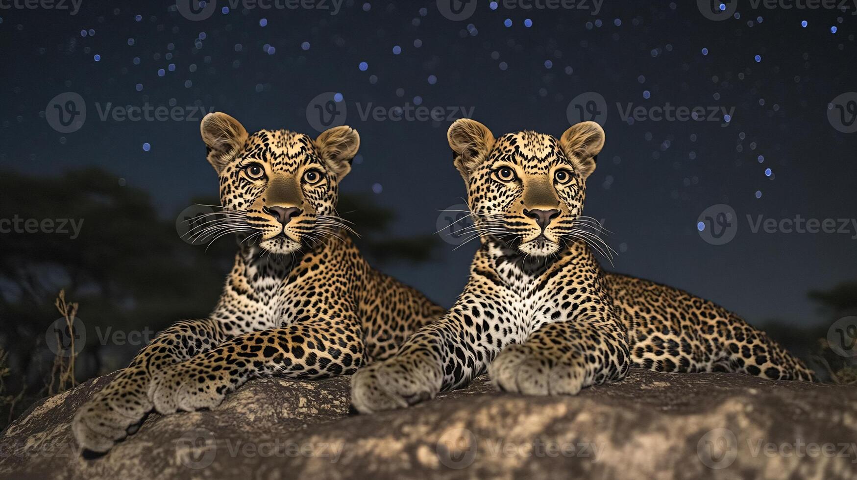 Two leopards lounging rocky outcrop under the starlit sky their sleek coats glowing softly in the faint moonlight captured with a low light telephoto lens for dramatic contrast photo