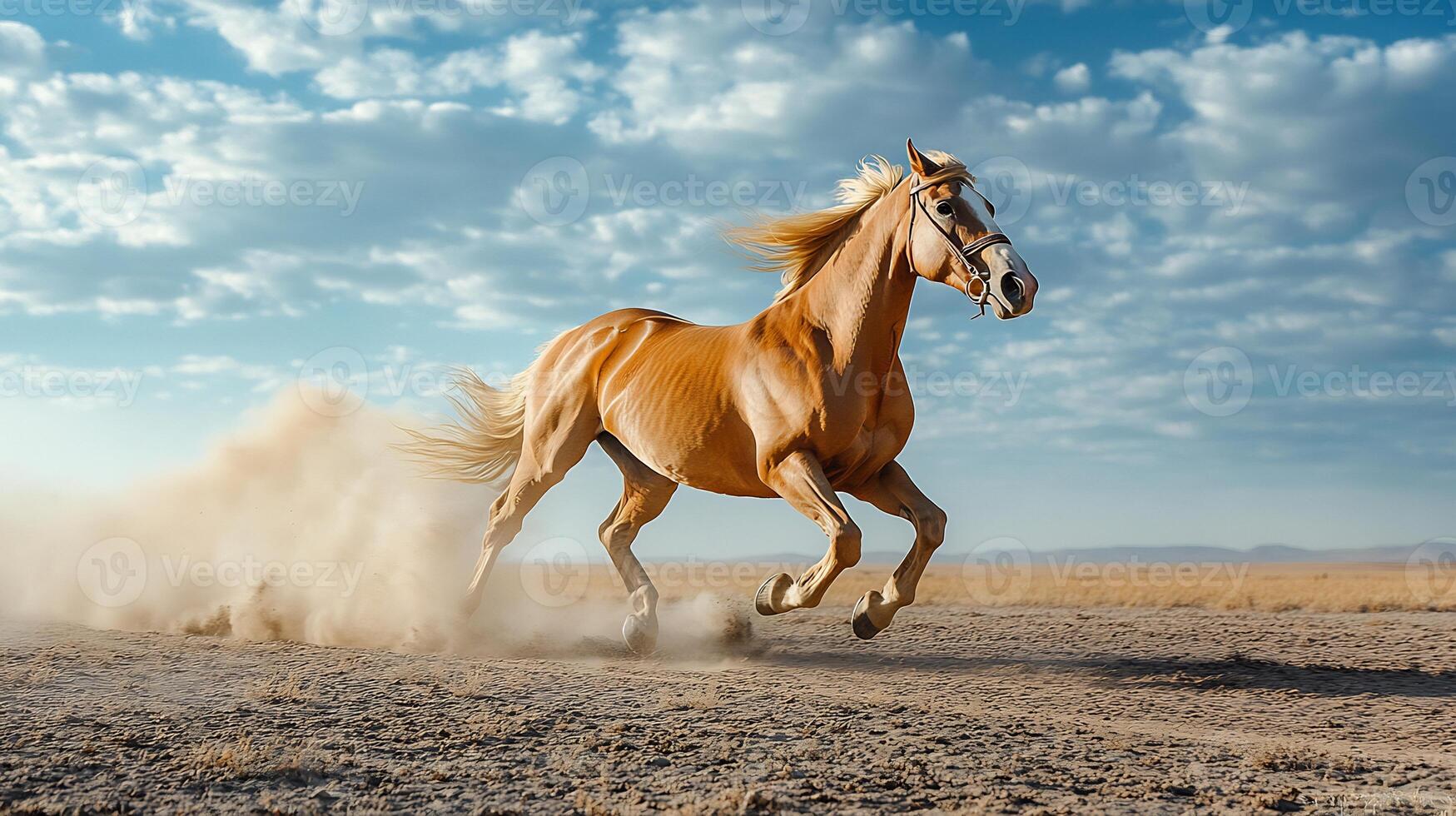 Onager galloping across sunlit desert plain with dust rising behind it as it moves toward a distant horizon captured with a high speed telephoto lens for dynamic motion photo
