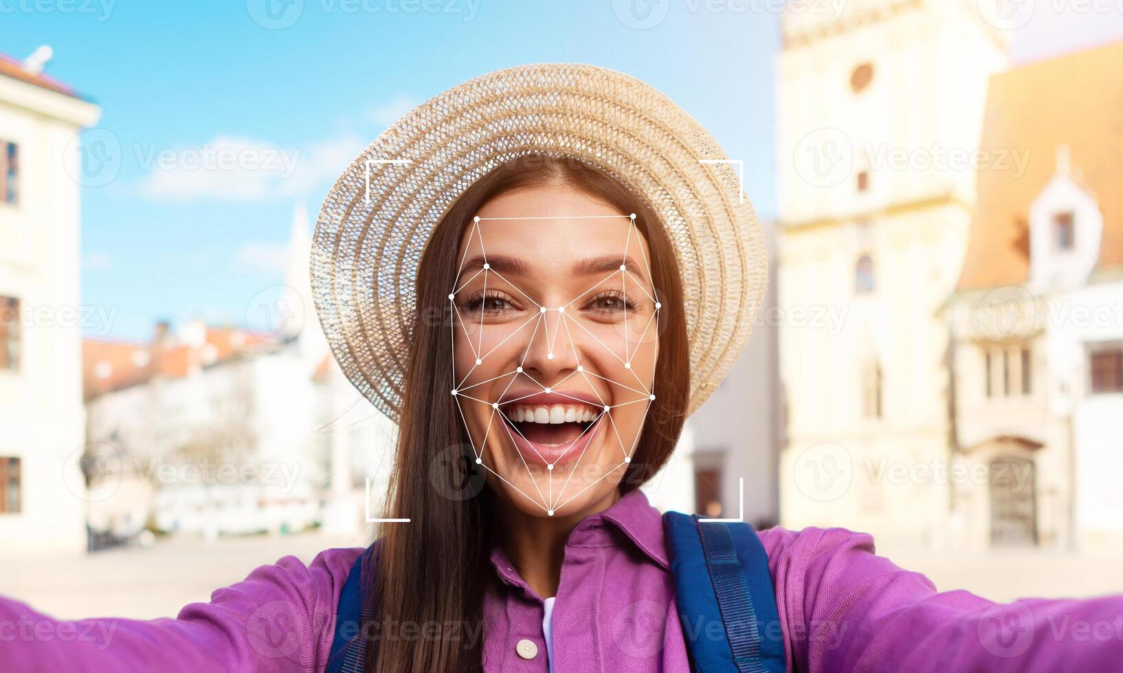 A joyful woman in a straw hat takes a selfie while standing in an urban area. The sun shines on her face as she engages with facial recognition technology. photo