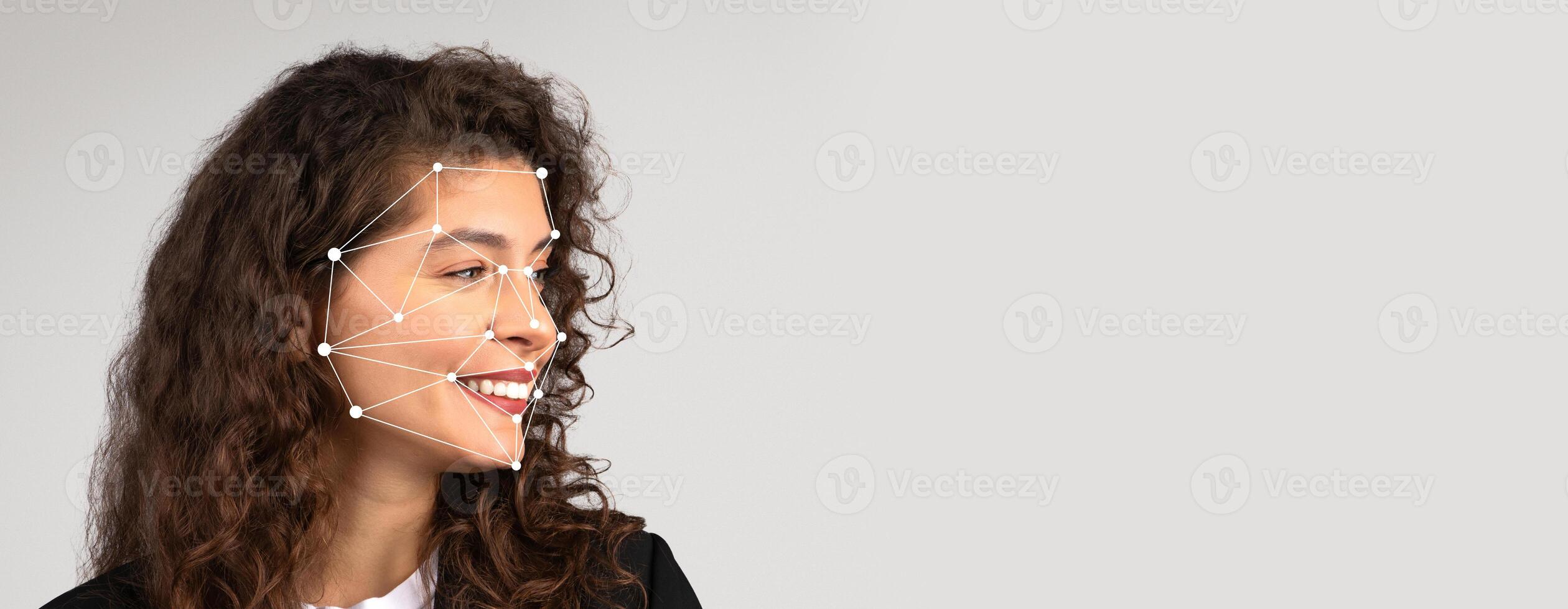 Innovative facial recognition technology showcases a woman's profile with facial landmarks highlighted, emphasizing identification capabilities and the advancement of technology in security measures. photo