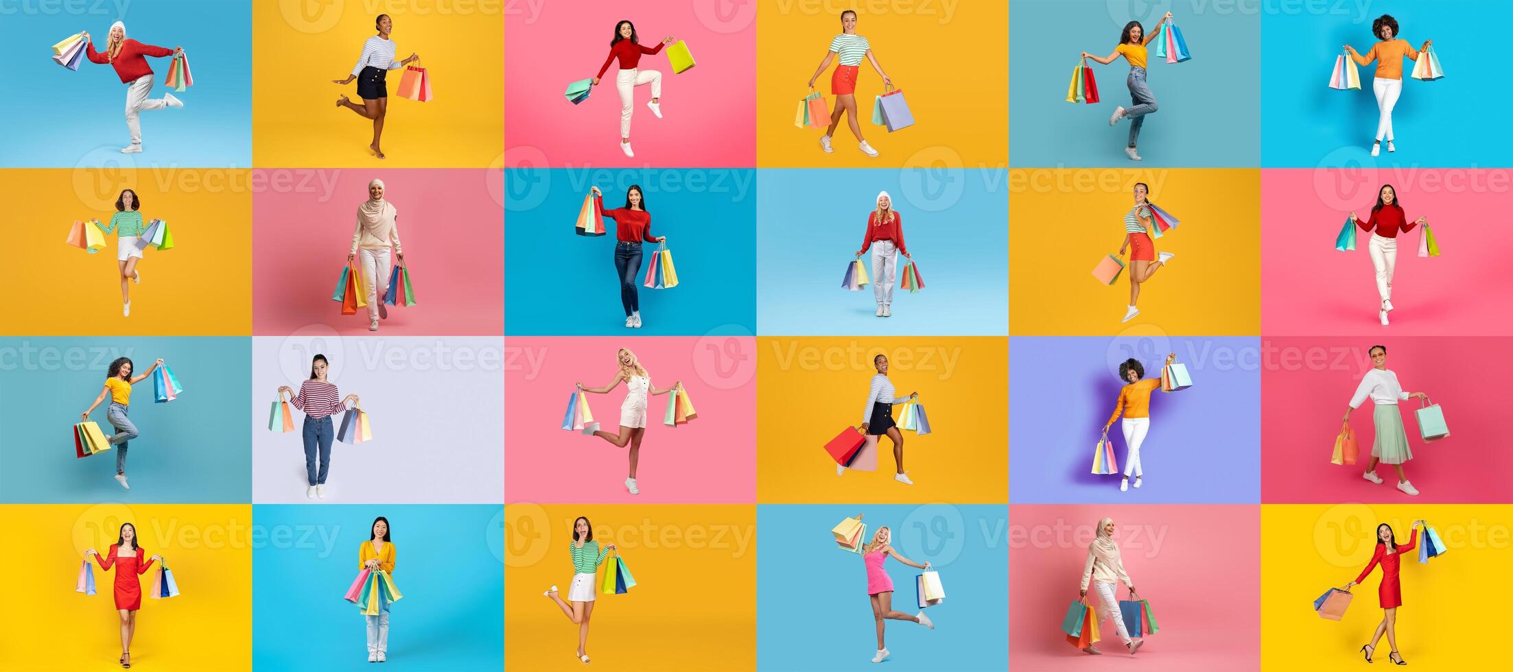 A lively collection of people showcasing their shopping sprees on Black Friday. They hold colorful bags while posing against bright pastel backgrounds, embodying the excitement of consumerism. photo