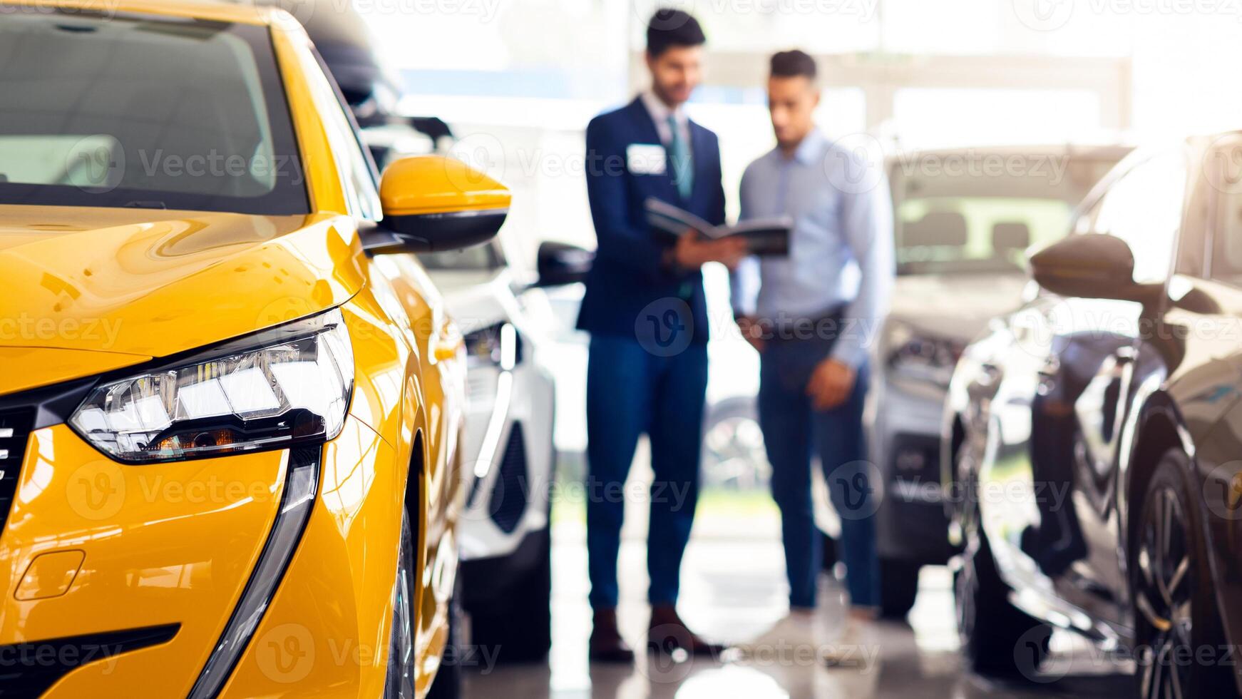 Customer middle eastern guy standing among brand new cars, having conversation with male sales assistant, looking at catalogue in dealer hands, checking auto features, full length, blurred background photo