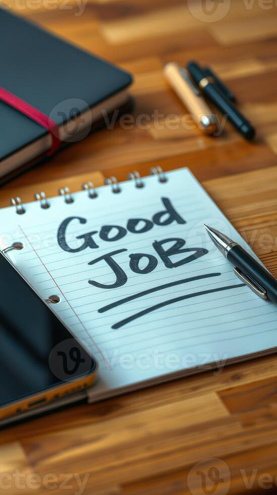 Motivational note on notebook with pen and smartphone on wooden desk during productive work session photo