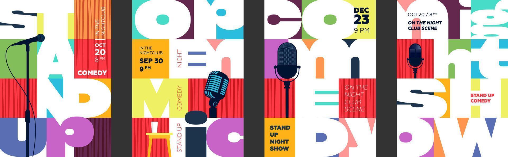 Bold geometric stand up comedy poster set with brutalist design featuring microphones, comedians and vibrant elements. Trendy artwork for comedy shows, club events and nightlife promotions vector