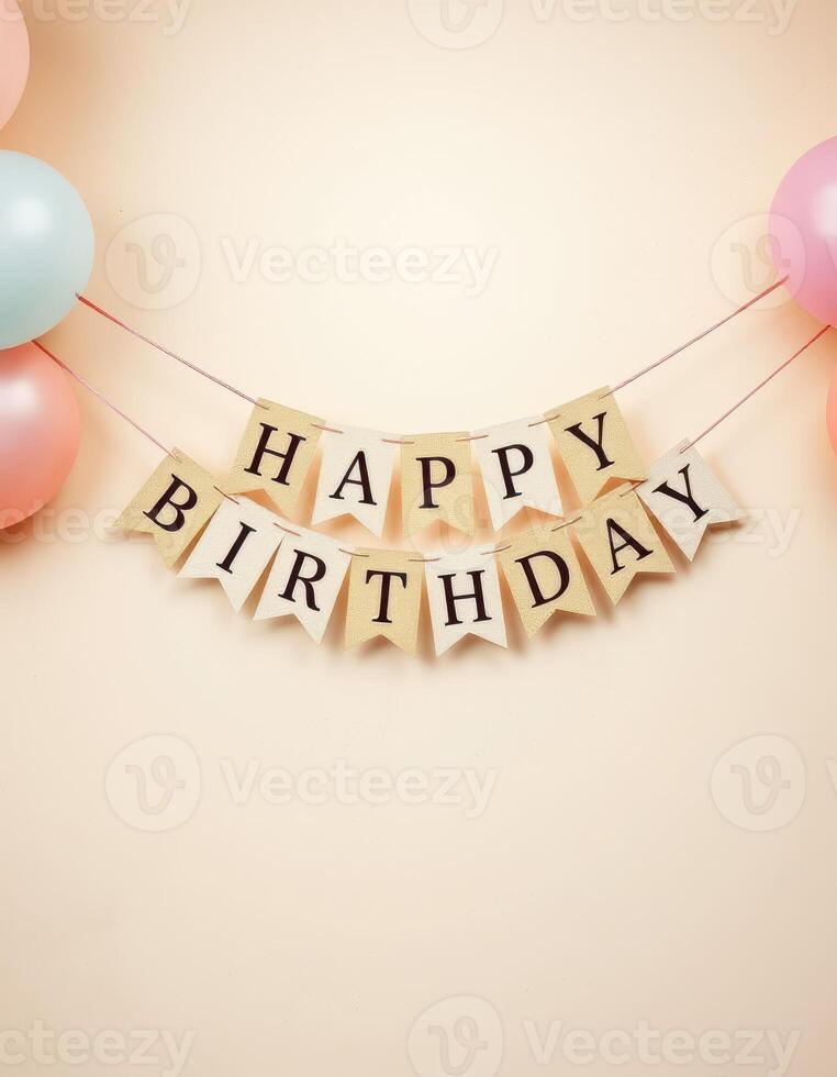 Festive birthday banner with balloons celebrating a joyful occasion indoors photo