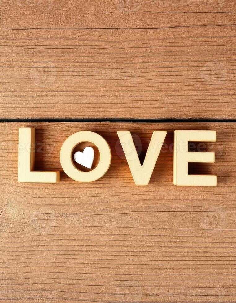 Decorative wooden letters spelling love on a rustic wooden surface with a heart shape cutout photo