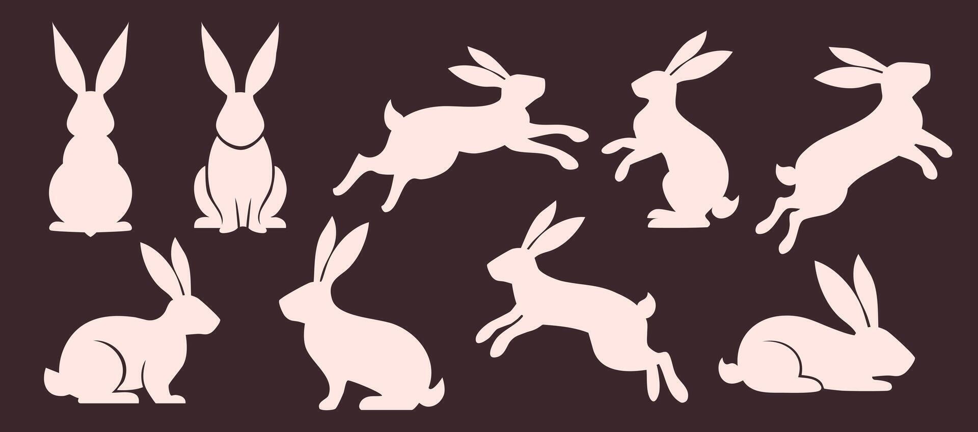 set of solid minimalistic flat rabbit silhouettes. Farm animal rabbit silhouette in different poses. Hare sitting, lying, running and jumping vector