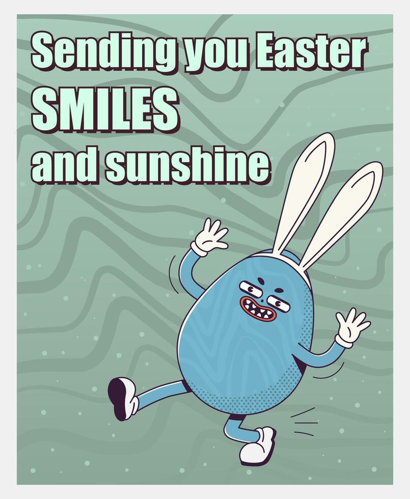Trendy Groovy retro 70s Easter web banner with quirky Easter eggs in bunny ears and sending you Easter smile and sunshine inscription. Whimsical old vintage cartoon characters and elements. vector