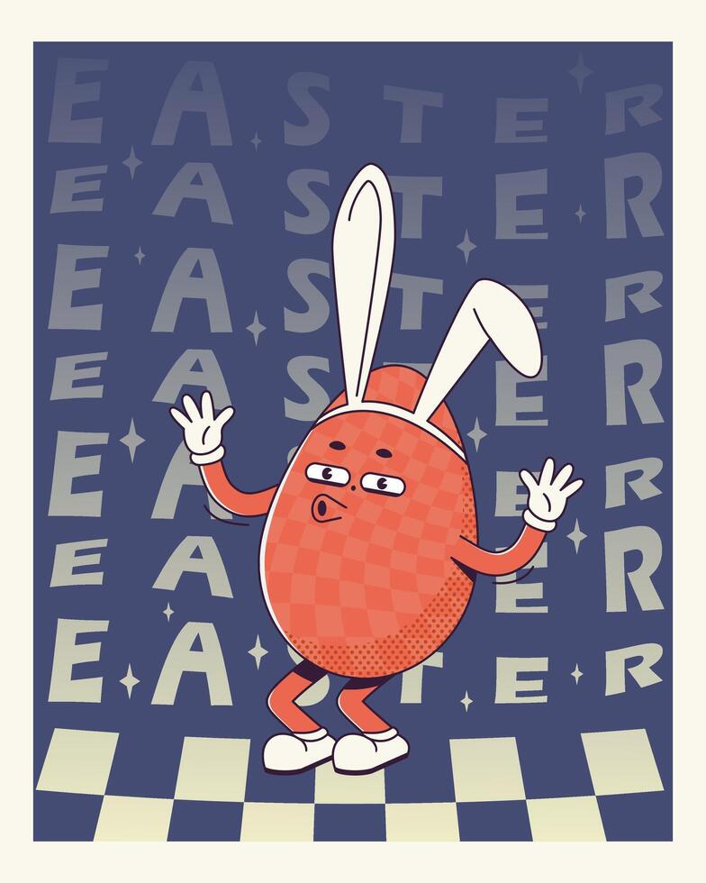 Trendy Groovy retro 70s easter posters with Gloved egg in bunny ears and inscription easter. Funky old vintage cartoon characters and elements. vector
