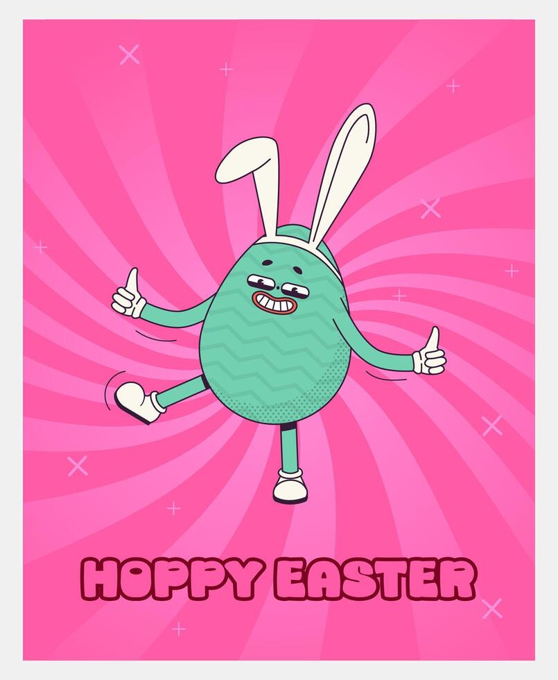 Trendy Groovy retro 70s easter posters with Gloved egg in bunny ears and inscription hoppy easter. Quirky old vintage cartoon characters and elements. vector