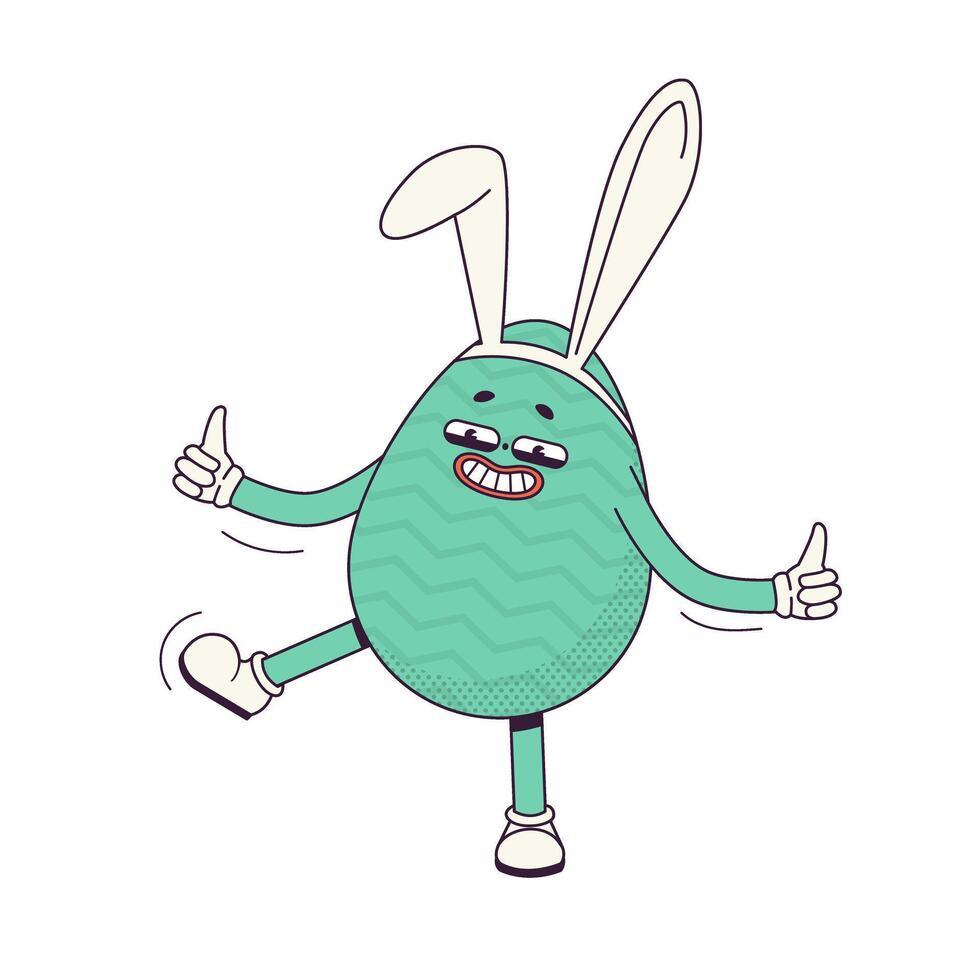 Groovy cartoon character egg with bunny ears. Flat illustration of a walking character wearing gloves vector