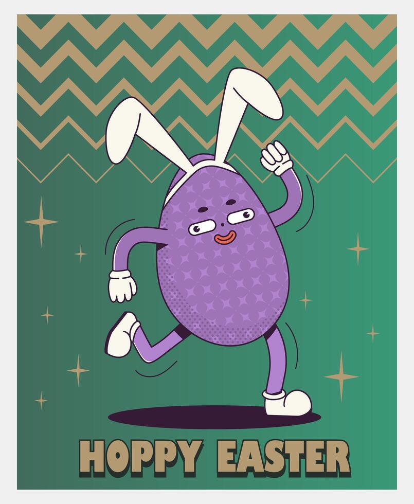 Trendy Groovy retro 70s Easter web banner with quirky Easter eggs in bunny ears and Hoppy Easter inscription. Whimsical old vintage cartoon characters and elements. vector