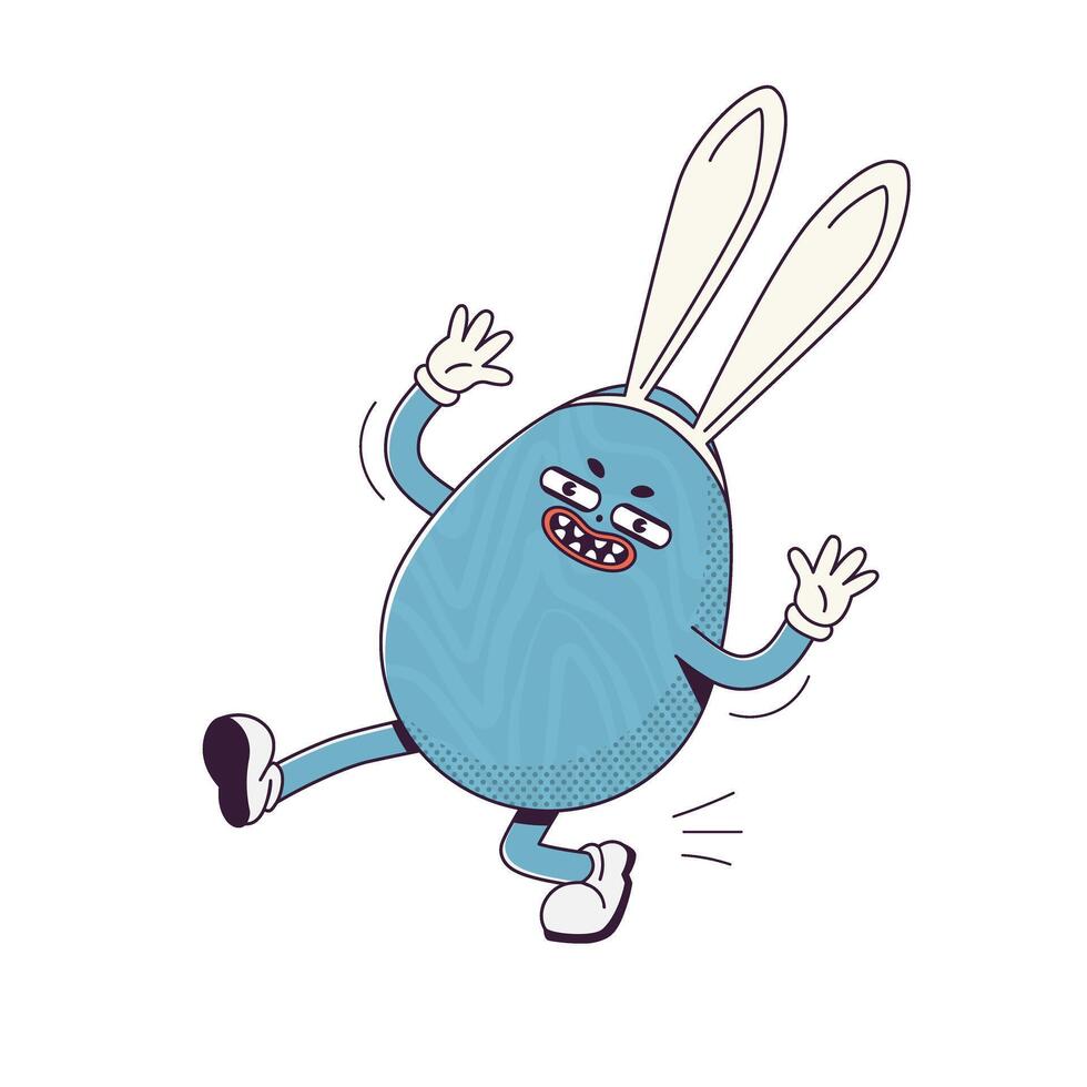 Retro cartoon character egg with bunny ears. Flat illustration of a walking character wearing gloves vector