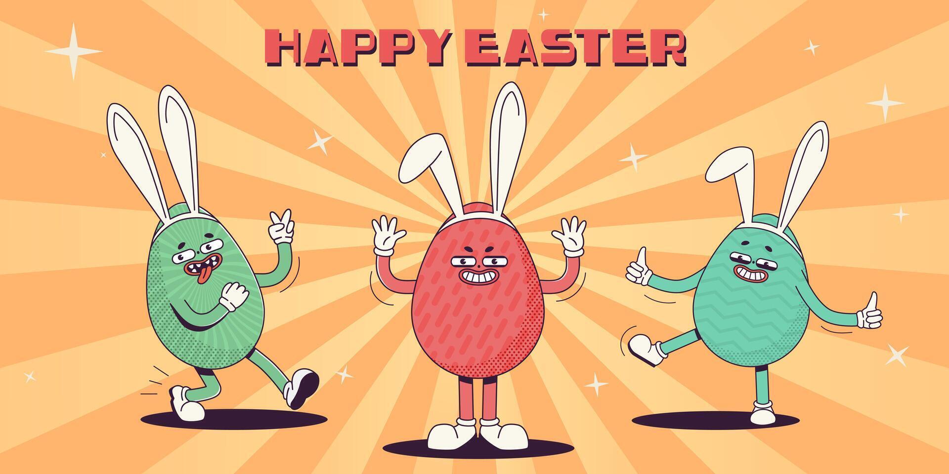 Trendy Groovy retro 70's Easter web banner with whimsical Easter eggs in bunny ears and happy Easter caption. Quirky old vintage cartoon characters and elements. vector