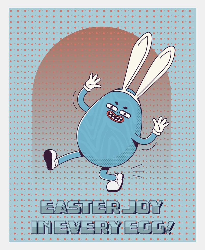 Trendy Groovy retro 70s easter posters with Gloved egg in bunny ears and inscription easter joy in every egg. Funky old vintage cartoon characters and elements. vector