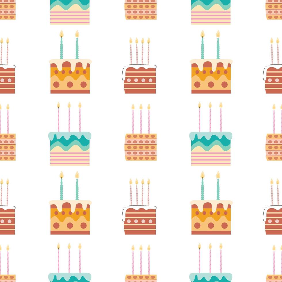 Slices of birthday cakes with candles seamless pattern vector