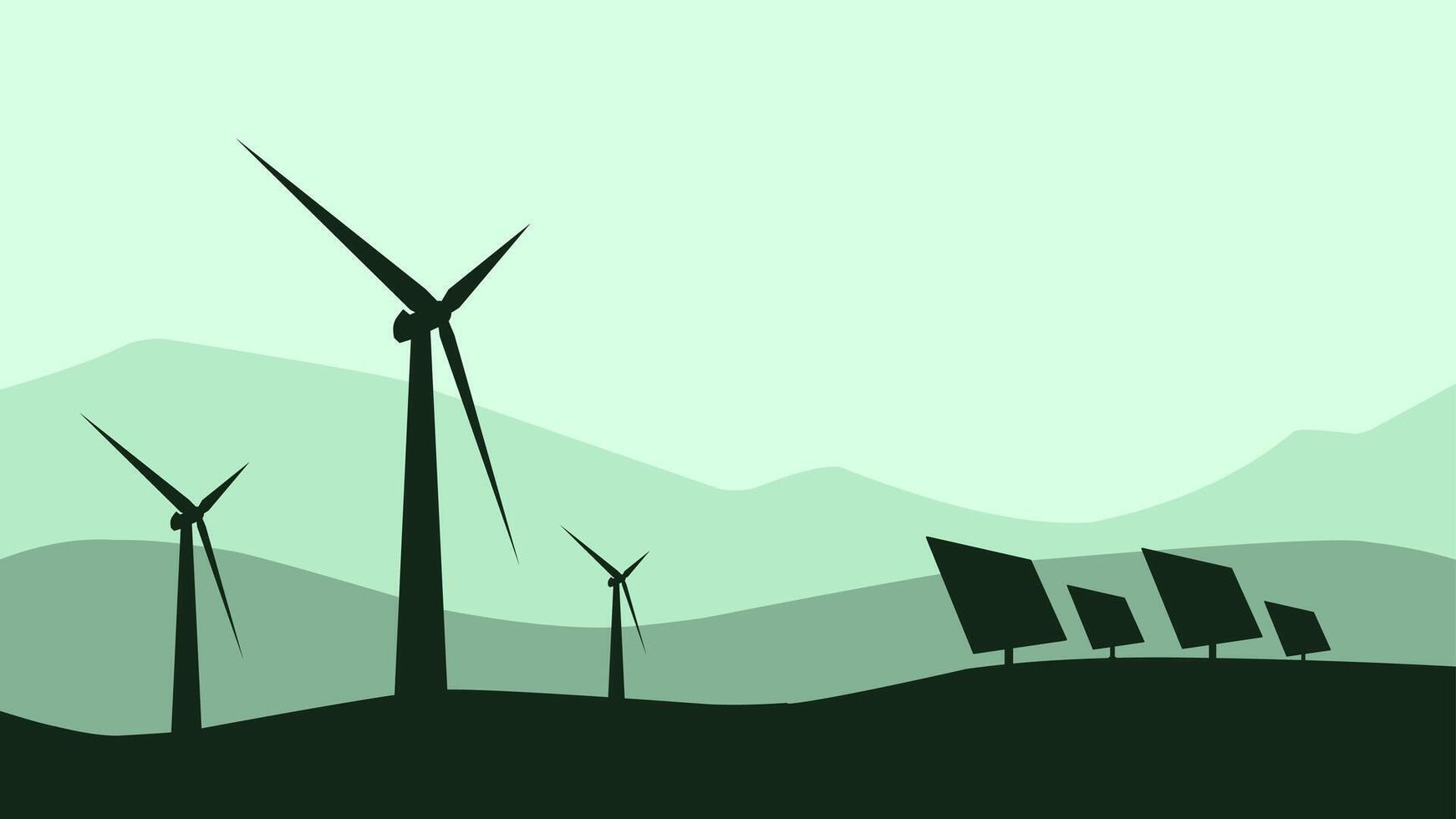 Illustration of green energy with wind turbine and solar panel. Illustration of renewable energy from wind and sunlight. Clean energy landscape to reduce pollution and keep the environment vector
