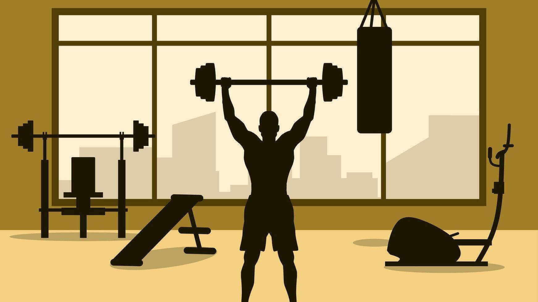 Illustration of body builder doing weightlifting dumbbell in the gym. Illustration of a person exercise in the fitness room. Gymnasium with many fitness equipment for training muscle vector